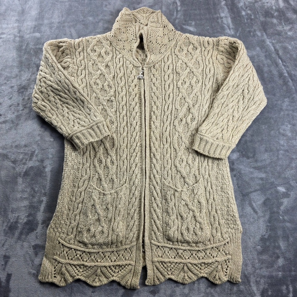 Inis Crafts Zip Up Cardigan Women M Beige Merino Wool Aran Cable Knit Ireland‎